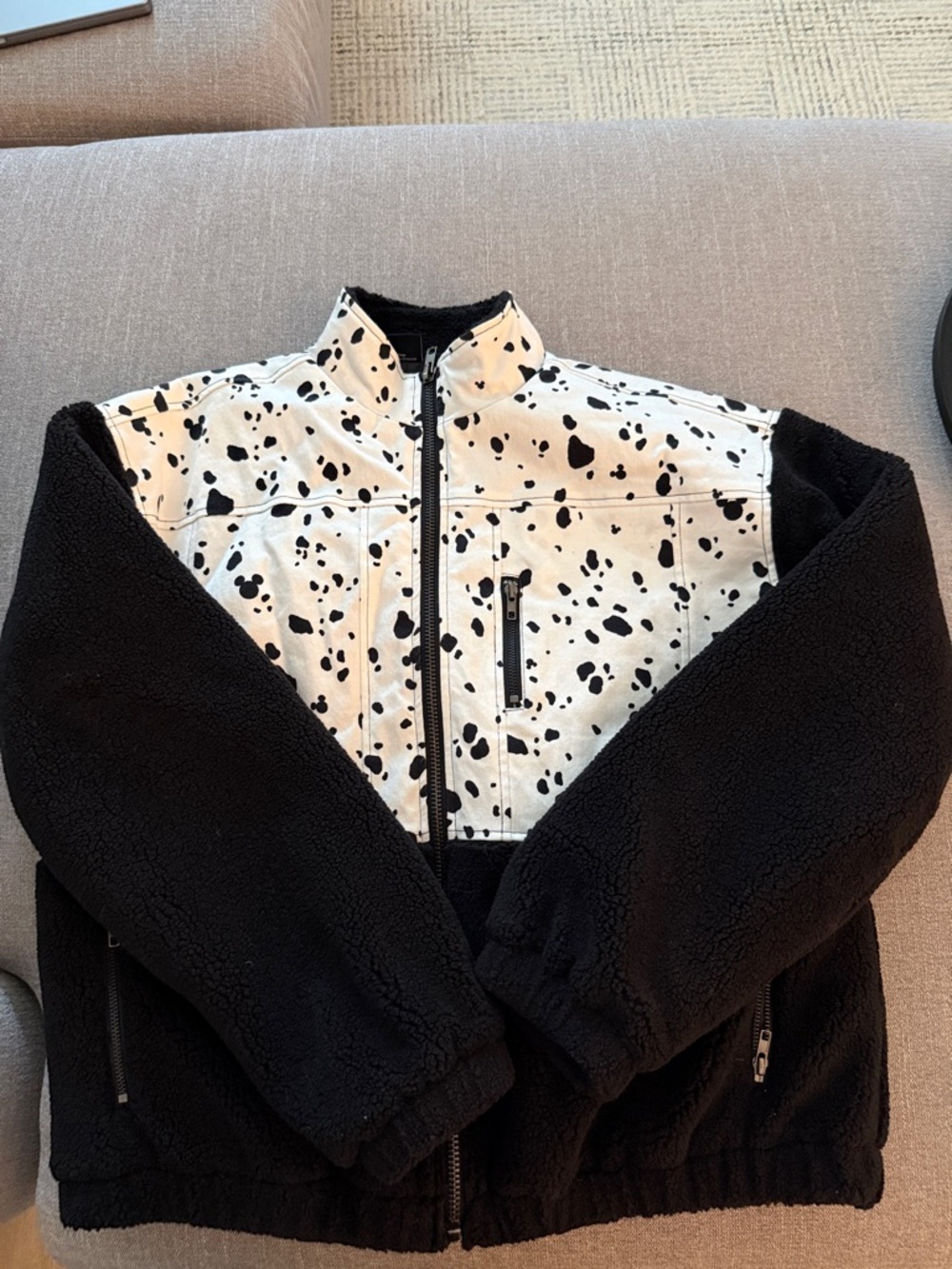 Black Sherpa Jacket with White Dalmatian-Print Chest Panel